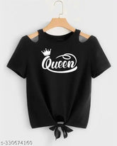 Black crop top shoulder cut Queen printed Lycra, short sleeves, size S (32in bust, 18in length), India-made clothing