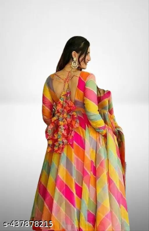 Designer striped Georgette leheriya anarkali gown, full sleeve casual wedding wear kurti dupatta set for girls (S-XXXL)