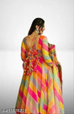 Designer striped Georgette leheriya anarkali gown, full sleeve casual wedding wear kurti dupatta set for girls (S-XXXL)