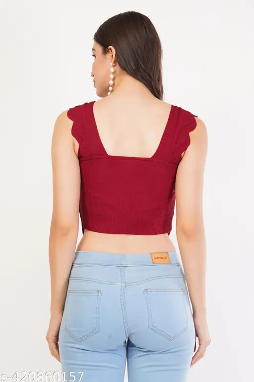 Maroon scalloped edge cotton blend crop top with square neckline and tie-front, sleeveless and cropped length, ideal for western wear