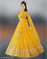 Golden zari woven lehenga, short sleeves, stitched net for kids 8-15 years, Indian handcrafted fashion