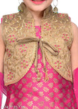 Pink printed designer Kurta patiala salwar suit with jacket and dupatta for girls, RK Collection kids party wear. A-line top with sleeveless design, featuring embroidery on jacquard fabric, paired with patiala bottoms. Indian ethnic children's clothing. Size 3-4 Years. Origin: India