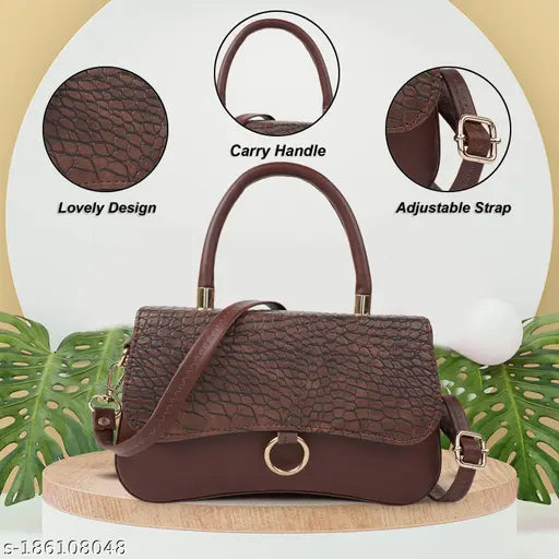 Textured synthetic handbag, perfect for women and girls. Features one main compartment, coin pocket, and mobile compartment. Comes with a long adjustable side handle, ideal for various occasions. Handbag with textured net design, suitable as a trendy sling bag or backpack