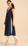 Blue Rayon Nayra Cut Embroidered Kurti with V-Neck & Short Sleeves, India Origin