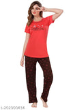 Tomato red hosiery cotton half-sleeve T-shirt & pyjama pants set - comfortable, breathable women's sleepwear