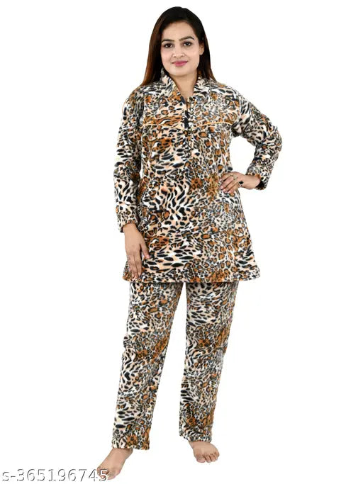 Orange woolen winter pajama set, collared neck, floral design. Long-lasting women's kambal nightwear from NACNO, hand wash only." (123 characters)