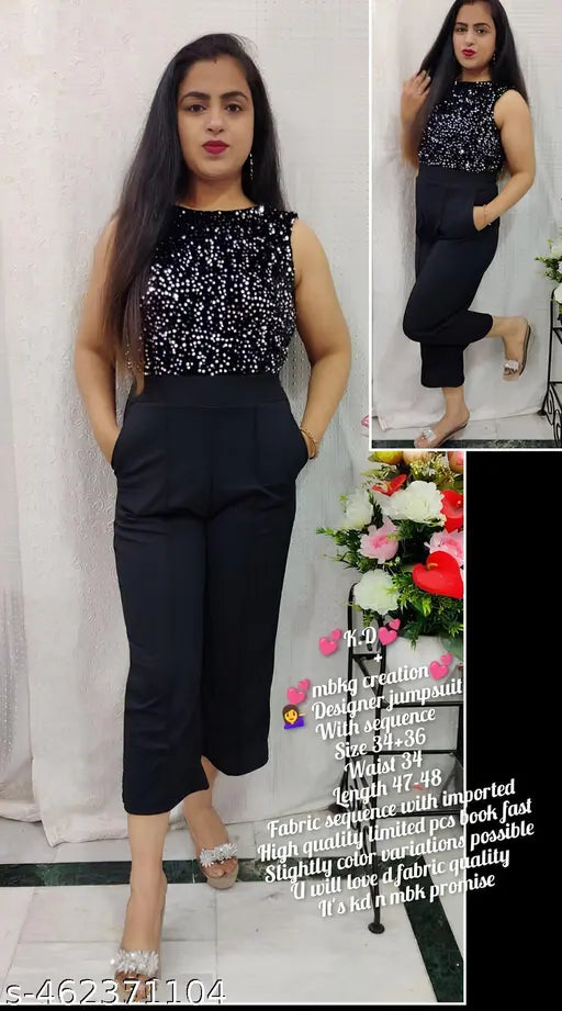 Embellished sleeveless lycra jumpsuit for women, available in sizes XS to XXL. Made in India