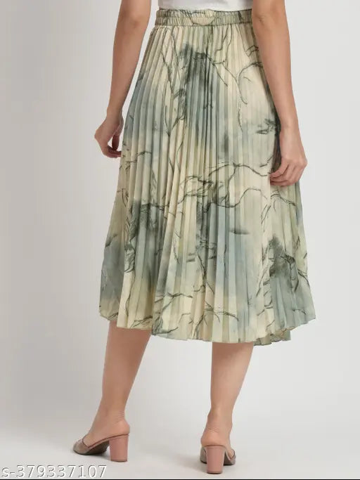 Marble-printed polyester A-line MIDI skirt, elastic waistband and pleated design, versatile for various occasions