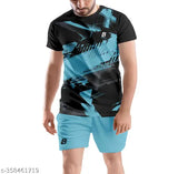 Printed poly blend active shorts & t-shirt set, ideal for outdoor sports like football, hockey, tennis, badminton, volleyball, gym wear etc. (Size S) Made in India