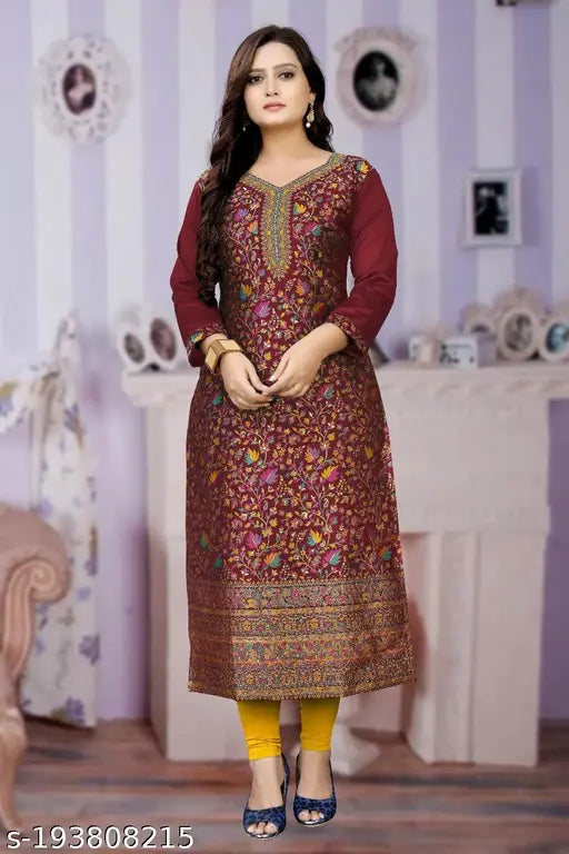 Maroon pashmina fabric Kashmiri style designer women's kurti with three-quarter sleeves and printed combo, Indian handcrafted women's fashion kurti