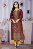 Maroon pashmina fabric Kashmiri style designer women's kurti with three-quarter sleeves and printed combo, Indian handcrafted women's fashion kurti