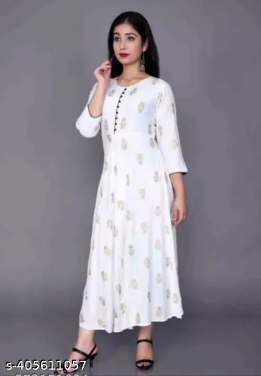 Rayon printed Anarkali Kurti, three-quarter sleeves, Indian fashion for women, vibrant pattern on soft rayon fabric