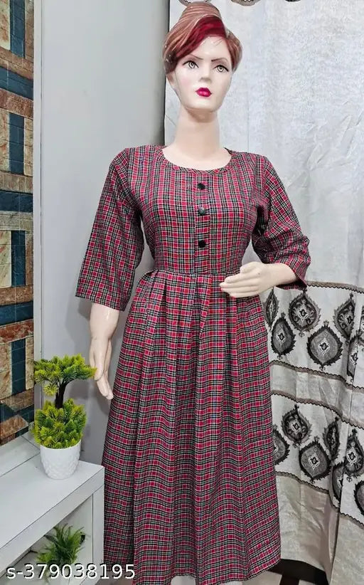 Maroon three-quarter sleeve wool Anarkali Kurta, checked pattern, winter wear for women