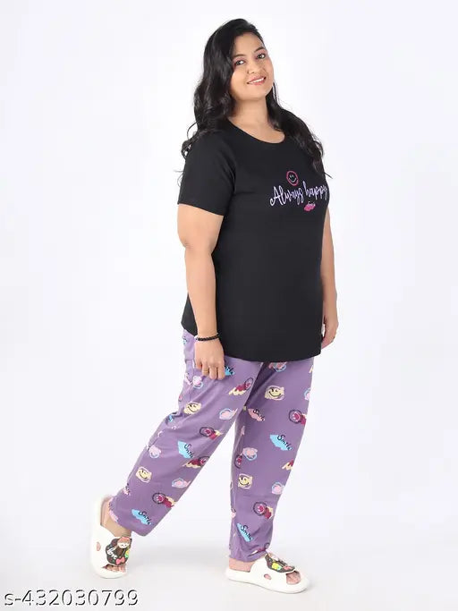 Comfortable cotton women's nightwear with printed net, short sleeves and pyjama bottom. Available in sizes XXL, XXXL, 4XL, 5XL, 6XL, 7XL from India