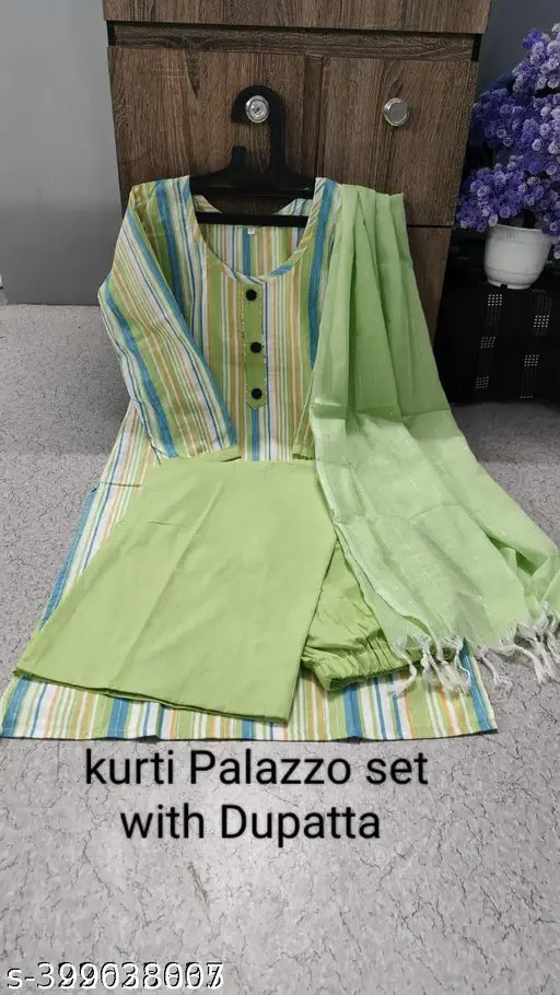 Green striped cotton kurti set with Plazo and dupatta, traditional Indian designer pant suit with unique Kruti frill neck