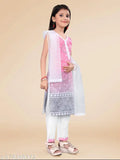 Cotton bandhni print kurta set with pants and dupatta (set of 3), colorful Indian clothing for kids ages 4-13 years, vibrant net dupatta accent, sleeveless design