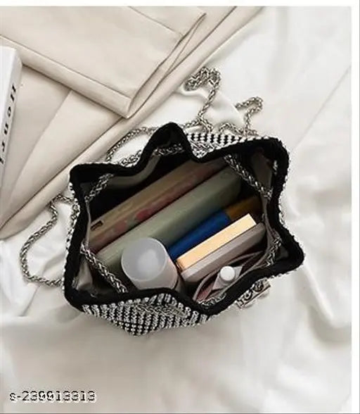 Stunning Rhinestone Canvas Bucket Bag, fashionable bling purse for women's wedding party, embellished design, long chain crossbody style