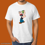 Green polyester short-sleeve Popeye t-shirt with printed cartoon character design