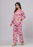 Women's cotton nightsuit set, comfortable, long-sleeve pyjamas with printed pattern. Made of cotton blend, available in M, L, XL, XXL, XXXL, 4XL, 5XL, suitable for various sizes