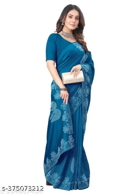 Soft georgette saree with Siroski diamond work, perfect for weddings or parties. Transparent fabric enhances look and blouse is unstitched to fit size. Made in India