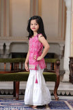 Kiara pink rayon sharara set, sleeveless printed kurta with rayon bottomwear on display, 9-10 years size (top bust 30in), India origin