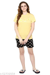 Yellow and black flower print cotton women's shorts set with short sleeves, featuring buttercup round neck design