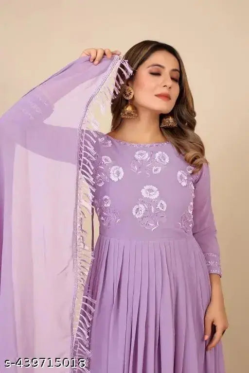 Georgette embroidered work gown with less border dupatta set, heavy georgette print in earthy tones. S-XL sizes available