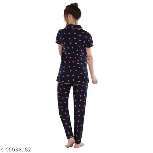 Rayon printed nightsuit set with pant top and pyjama bottoms, 100% rayon, featuring a classic print design, size M (38 in bust, 27 in top length, 28 in waist, 28 in hip, 37 in bottom length)