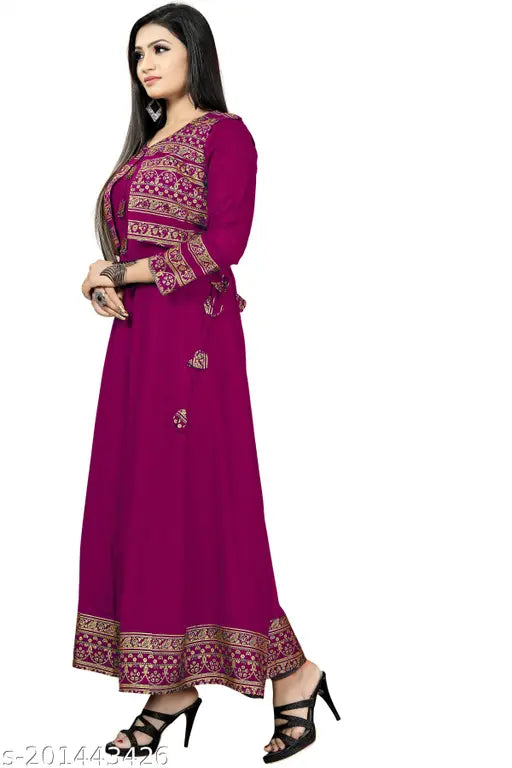 Maroon rayon Anarkali kurti jacket with lace border, attractive party wear for women (N), three-quarter sleeves