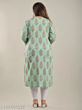 Green cotton straight kurta with Swasti women's printed combo, three-quarter sleeve length