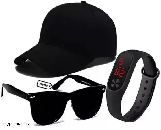 Cotton summer cap set with watch & sunglasses, NEW COMOB 3-piece for men and boys (India)
