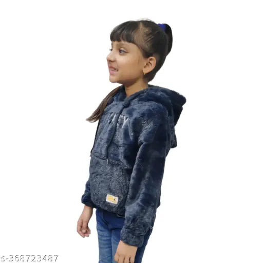 Faux fur hooded sweatshirt for kids girls (8-9yrs), self-design polyester, long sleeves & front pockets