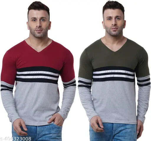Striped cotton blend full sleeve men's t-shirt combo, versatile party wear for casual and regular occasions - pack of 2