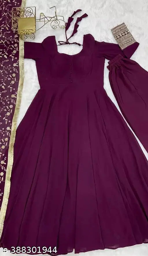 Purple Anarkali Kurta Set with Dupatta & Bottomwear, embroidered Georgette and Art Silk, three-quarter sleeves, heavy pure soft fox material, fully stitched for ready-to-wear Indian ethnic fashion