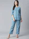 Divena blue printed cotton nightsuit, vibrant and cool summer/winter sleepwear, round neck with side slit, made in India