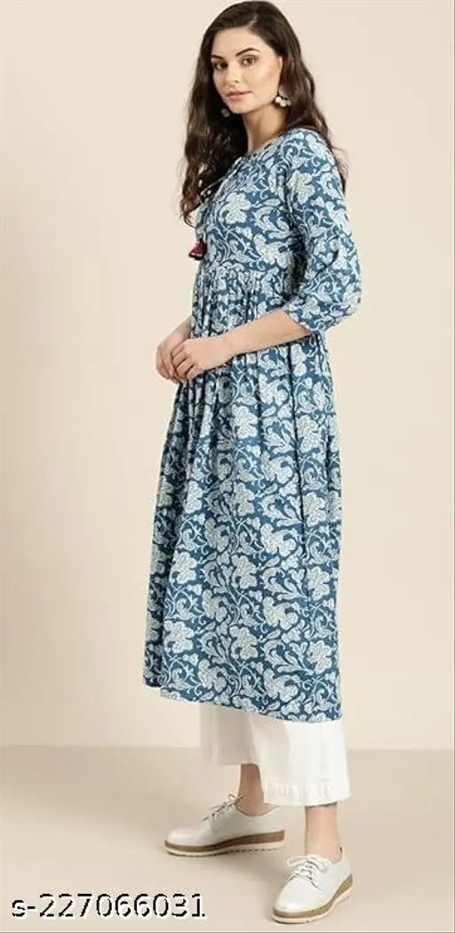 Rayon three-quarter sleeve printed ensemble kurti from Adrika, Indian women's fashion on model