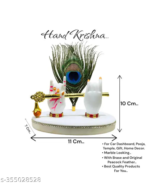 Marble dust white Krishna hand statue with peacock feather brass flute, ideal for car dashboard, gift showpiece, living room, office home decor (4 inch, best quality)