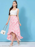 Pink crepe floral asymmetric skirt, printed net A-line style by OOMPH for women's fashion, knee length, size XS (24waist/32length/32hip), made in India