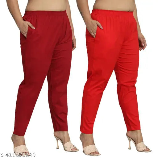Plus size women's cotton blend straight fit casual trousers combo (2pcs) - Lightweight, breathable, stretchy & elastic waistband. India origin