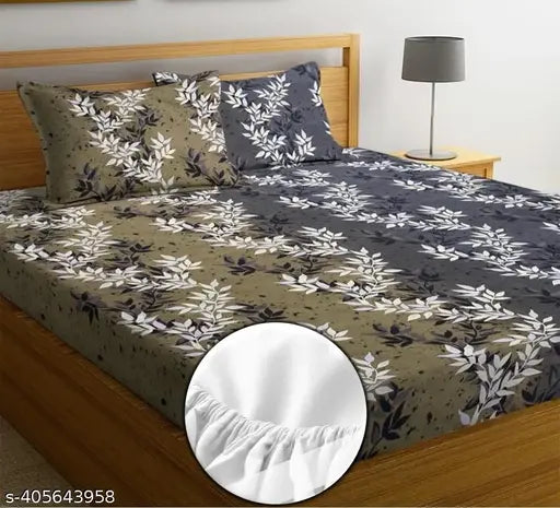 Premium cotton floral fitted bedsheets, supersoft King Size (72x78+10) with 2 pillow covers, 220 tc, made in India