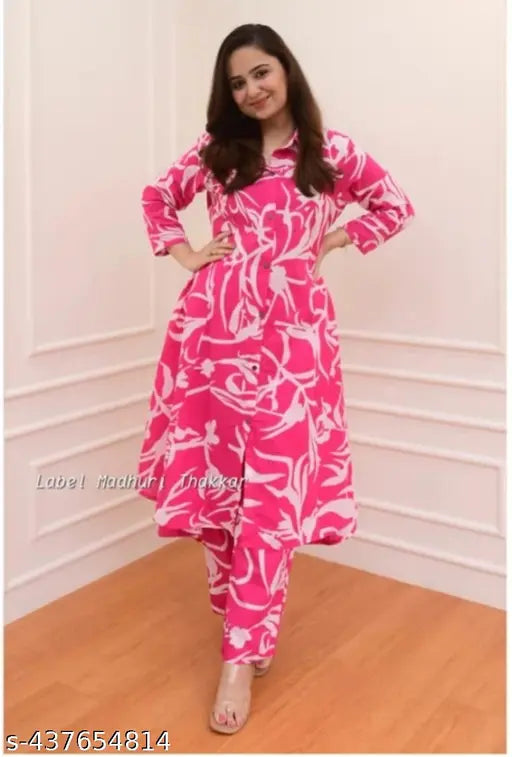 Printed rayon A-line kurta with palazzos and three-quarter sleeves in size M, featuring a net pattern from India