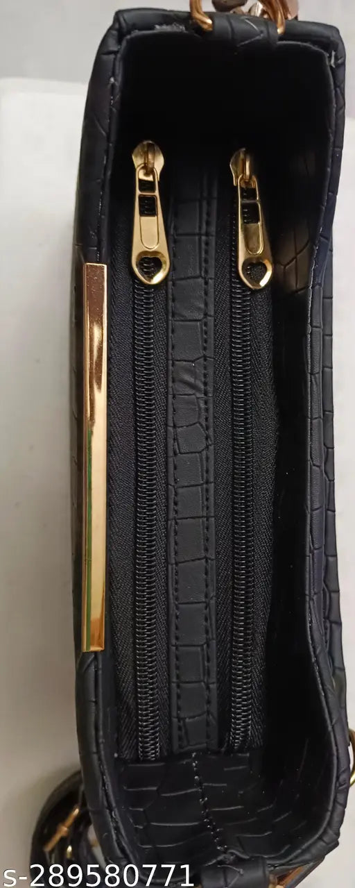 Black faux leather slingbag, textured net design, 2 compartments, free size, mobile-friendly handbag - latest fashion from India