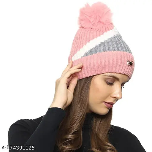 Woolen colorblocked beanie cap, soft and warm for winter, snow-proof pom pom design, Pack of 1. Made in India