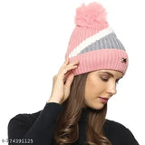 Woolen colorblocked beanie cap, soft and warm for winter, snow-proof pom pom design, Pack of 1. Made in India