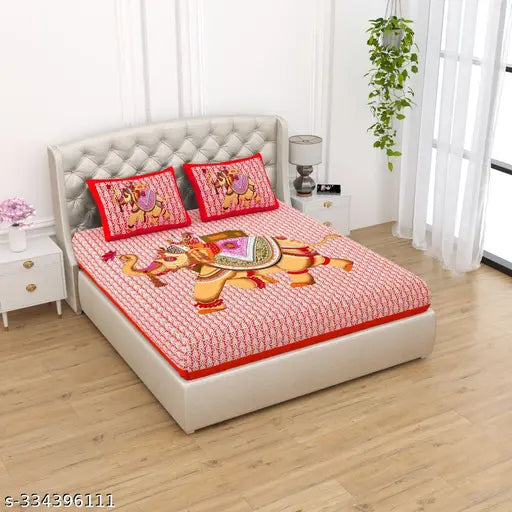 Red double-printed cotton flat bedsheet, durable & breathable, features two pillow covers, ideal for summer