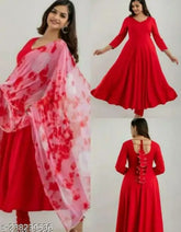 Solid red rayon Anarkali kurta with attached dupatta, elegant design, perfect for festive occasions