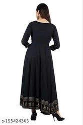 Black Rayon Anarkali Kurta with Embroidery & Print, stylish three-quarter sleeve for women, India origin