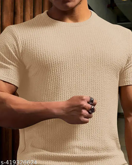 Cotton blend men's popcorn solid style t-shirt, M, short sleeves, India-made casual wear for men