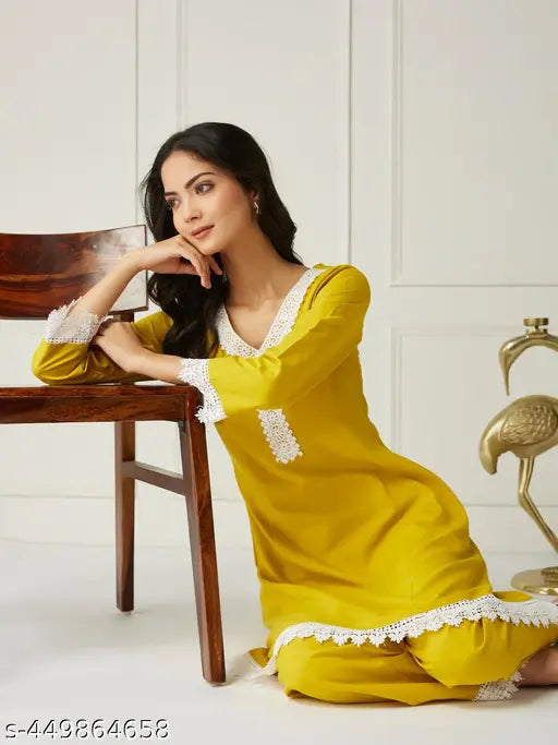 Women's Yellow PolyCotton Kurta & Pant Co-ord Set, featuring 3/4 sleeves and delicate lace detailing, perfect for everyday wear in India