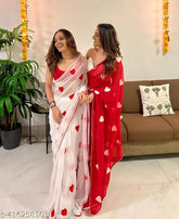 Red & white heart saree combo, georgette fabric with thread gamthi work and border piping, free size (length 5.5m, blouse length 0.8m), college special